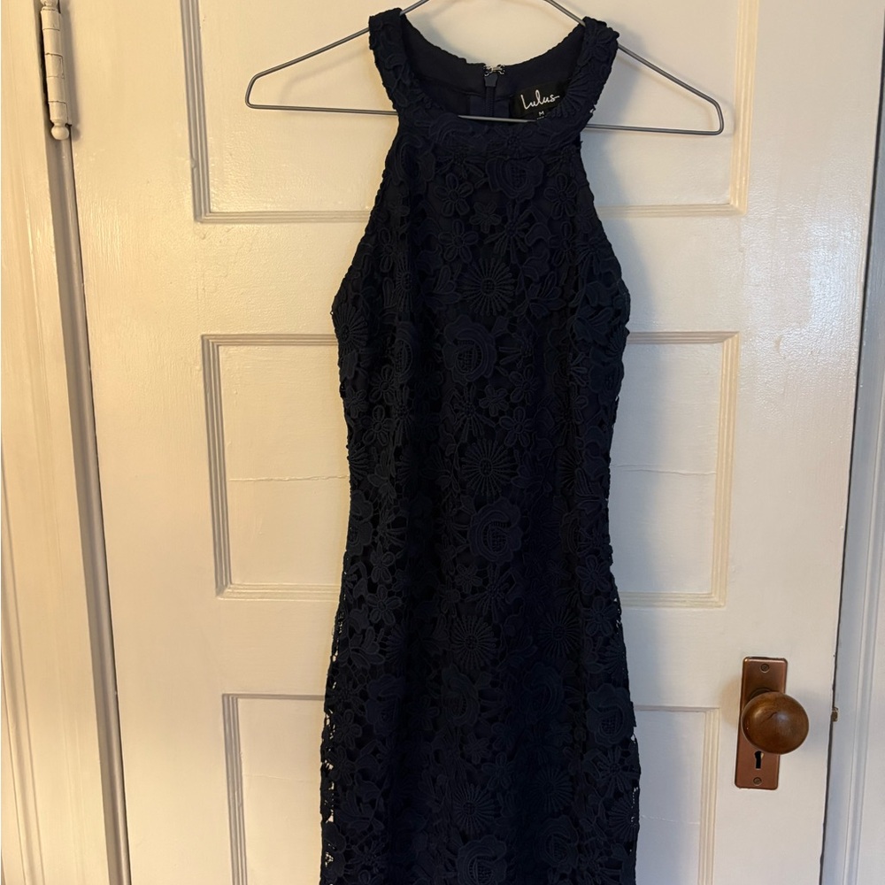 Lulu's Navy Blue Lace Halter Mini Dress